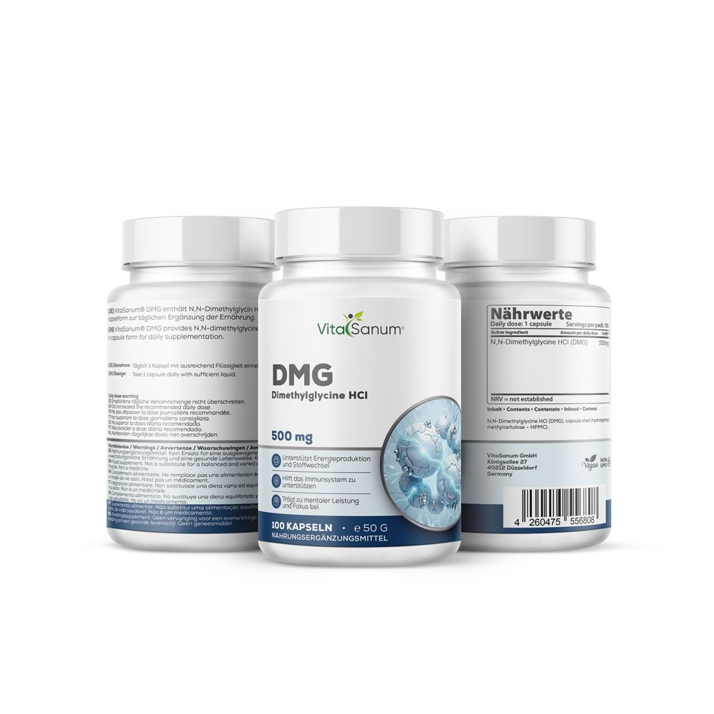 Tre flaconi bianchi con etichette. Uno mostra DMG Dimethylglycine HCl, 500 mg. Confezione blu e bianca.