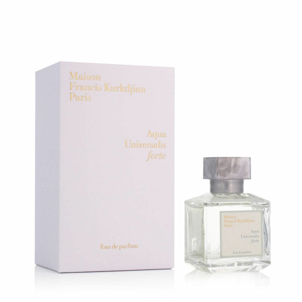 Flacone di profumo e scatola con scritta Maison Francis Kurkdjian Aqua Universalis forte.