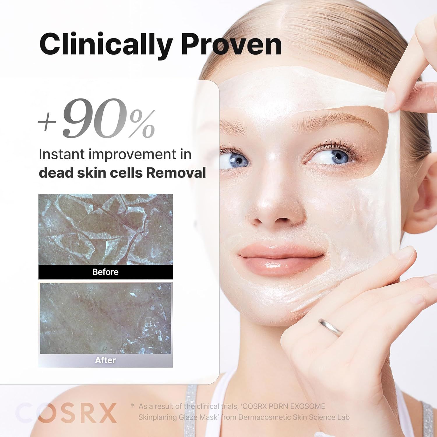 Donna che rimuove la maschera PDRN Exosome Skinplaning Glaze Mask. Miglioramento istantaneo delle cellule morte.