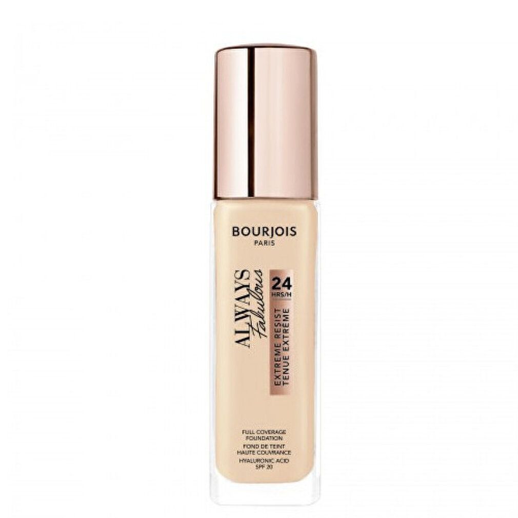 Fondotinta Bourjois Always Fabulous. Tonalità beige. Flacone con tappo rosa. Testo: Always Fabulous, 24H, Extreme Resist, SPF 20.