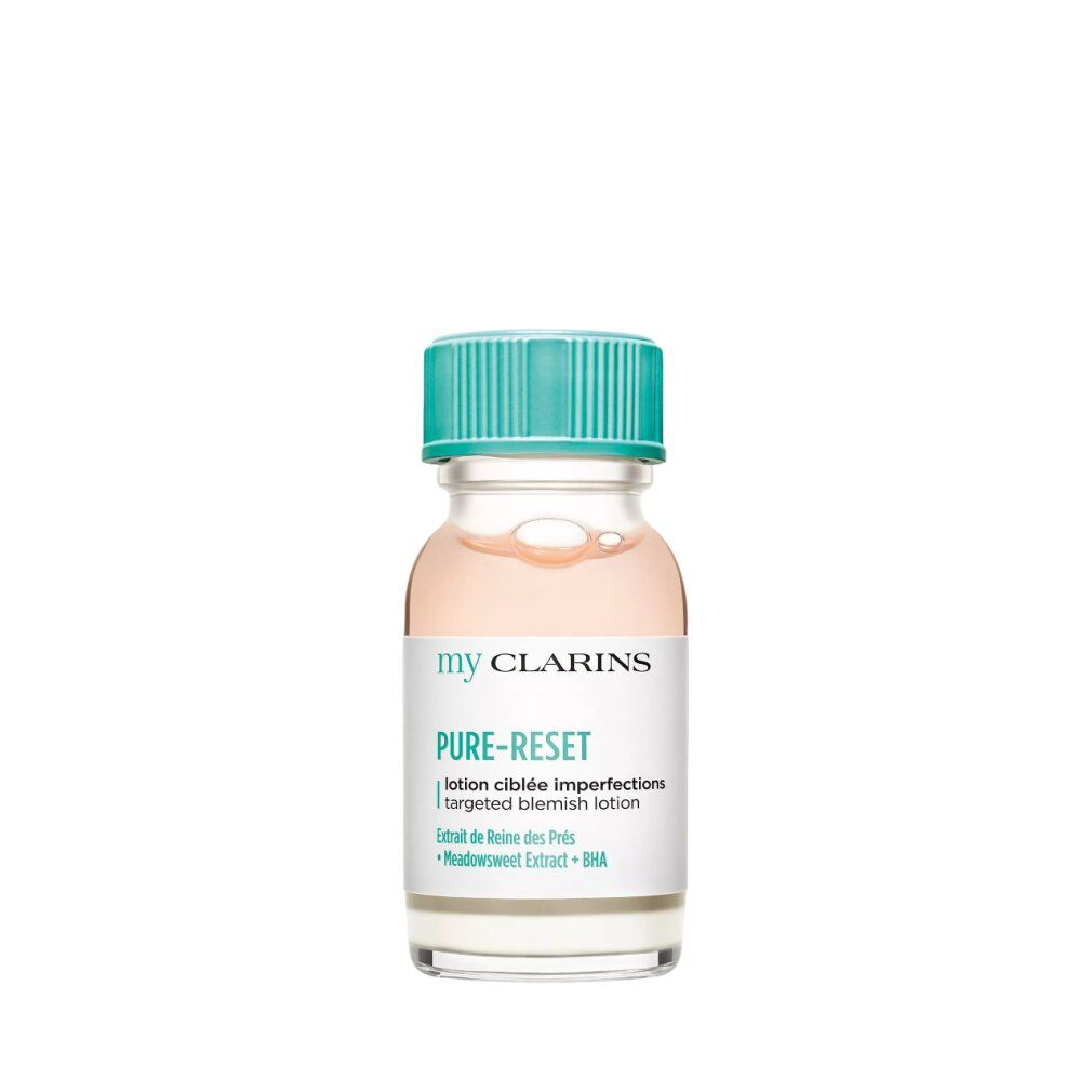 Piccola bottiglia trasparente, tappo turchese, liquido rosa. Scritta: my CLARINS, PURE-RESET, lotion ciblee imperfections.