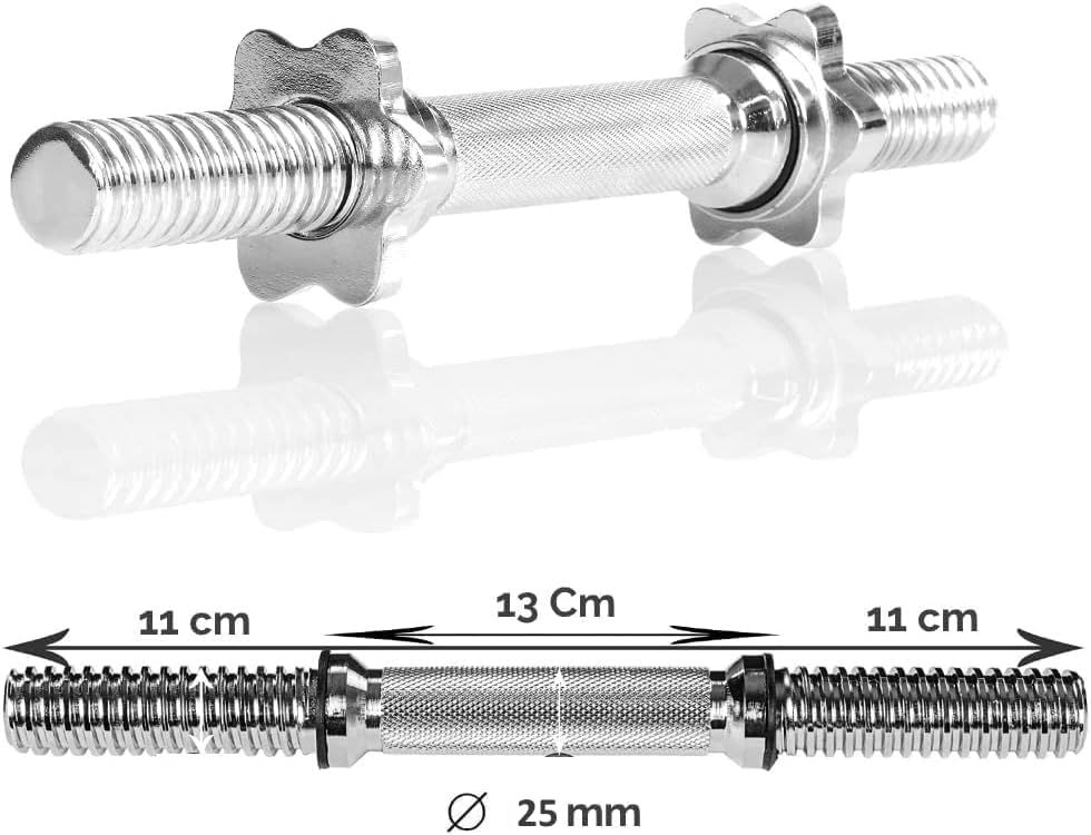Manubrio argentato con impugnatura zigrinata. Dimensioni: 11 cm, 13 cm, 11 cm. Diametro 25 mm. Riflesso su sfondo bianco.