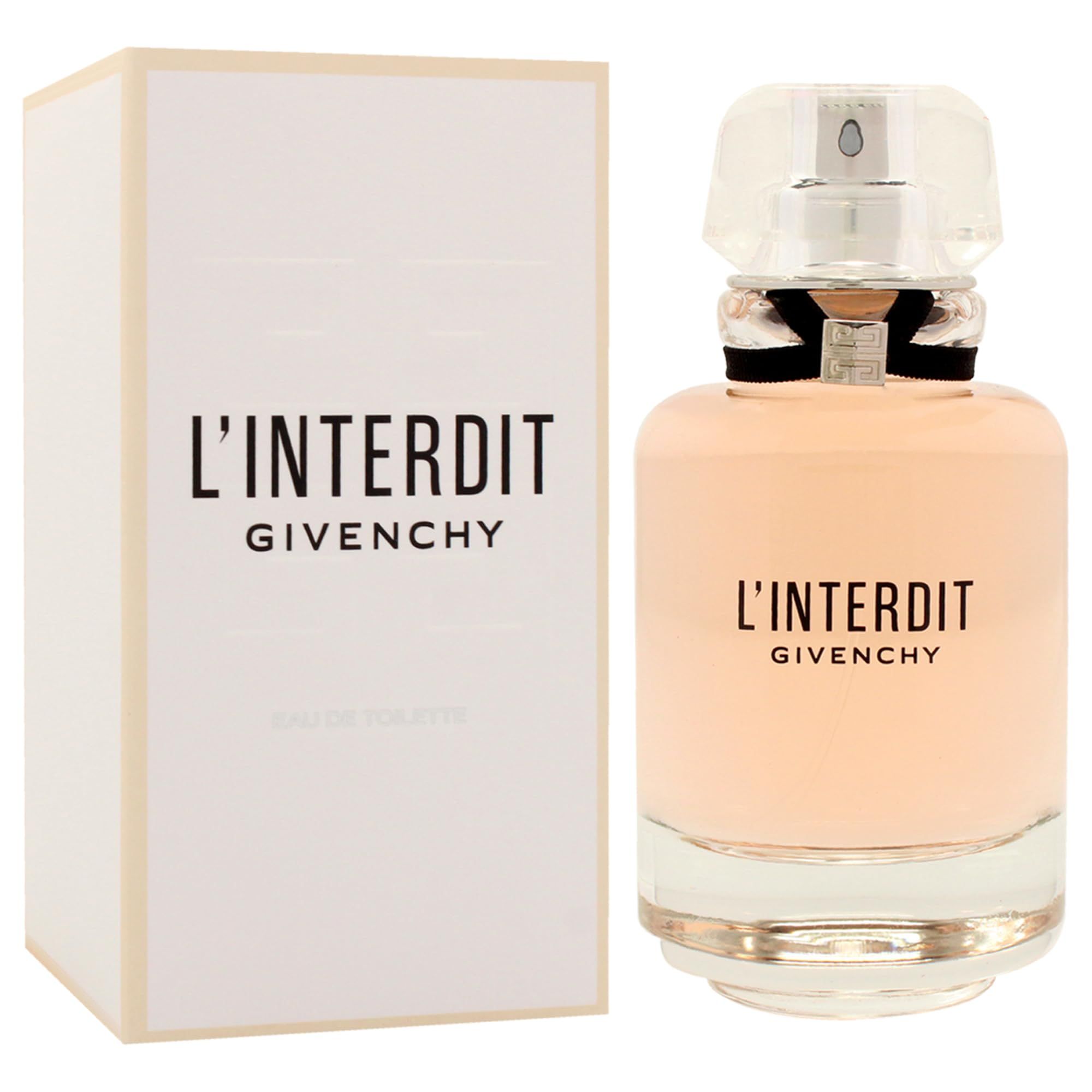 Givenchy L'Interdit Eau de Toilette. Flacone e confezione. Erogatore trasparente, fiocco nero. Scritta L'Interdit e Givenchy.