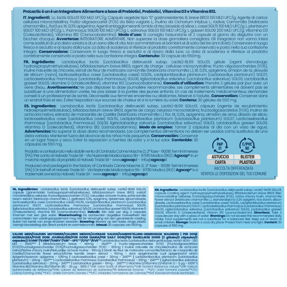 Testo sul prodotto, ingredienti e utilizzo. Contiene informazioni su dosaggio e avvertenze. Diverse lingue.