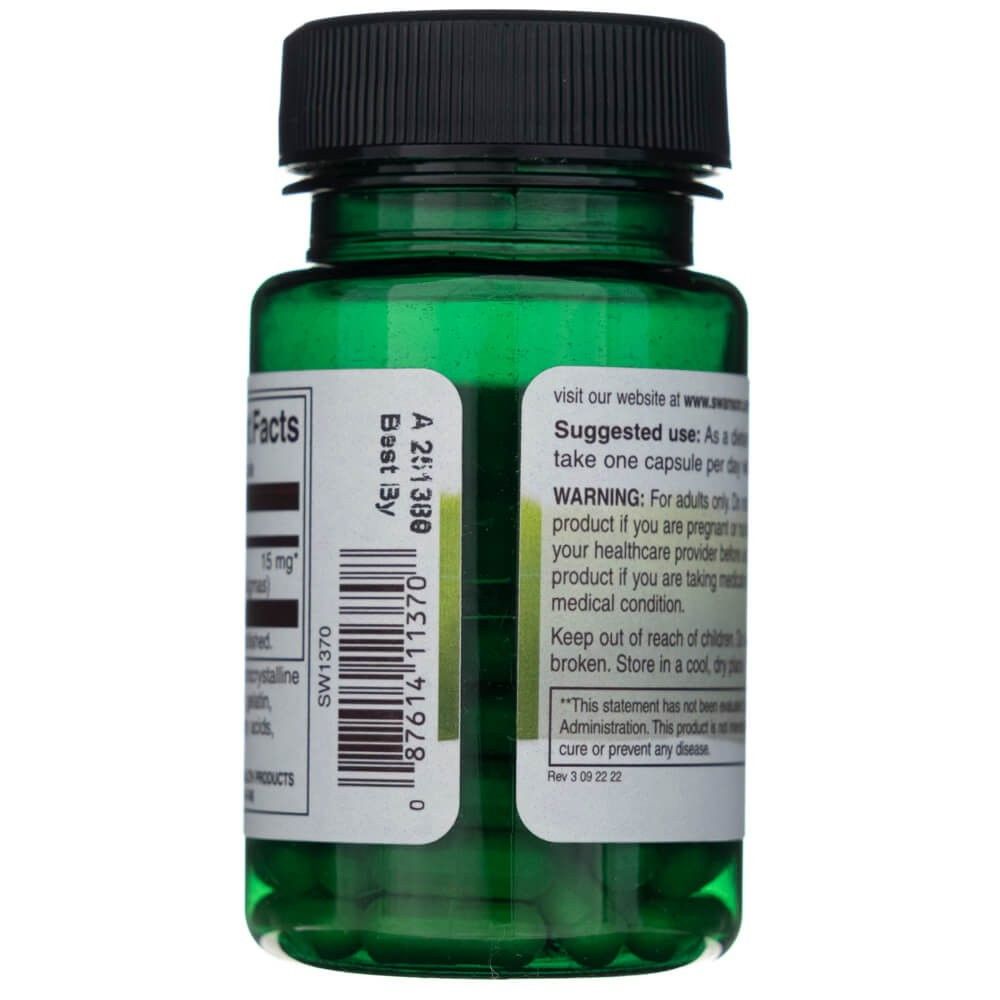 Vista laterale del flacone SWANSON Zafferano 15mg con codice a barre e data di scadenza.