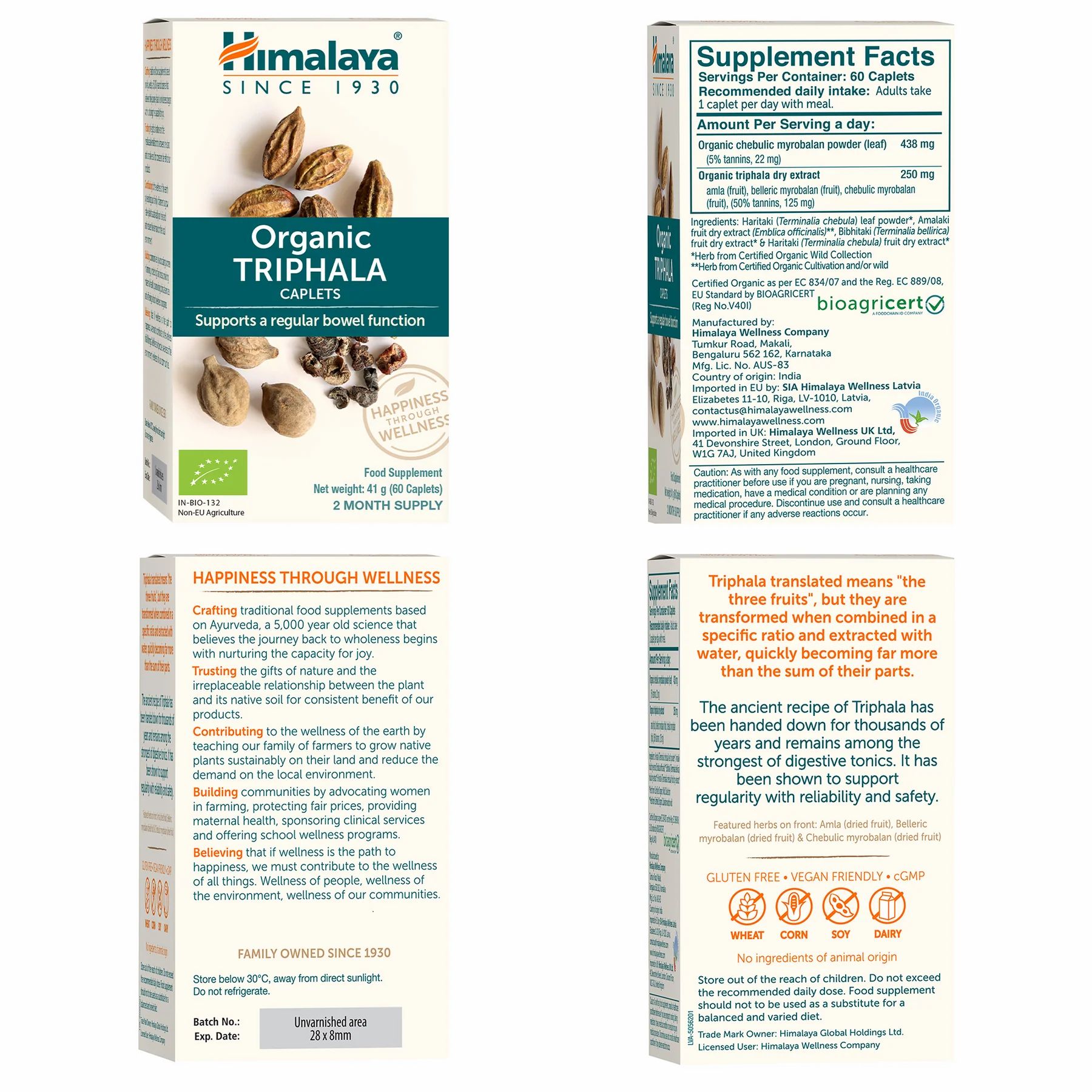 Himalaya Bio Triphala Caplets. Confezione con informazioni, ingredienti e certificazioni. Testo sul retro.