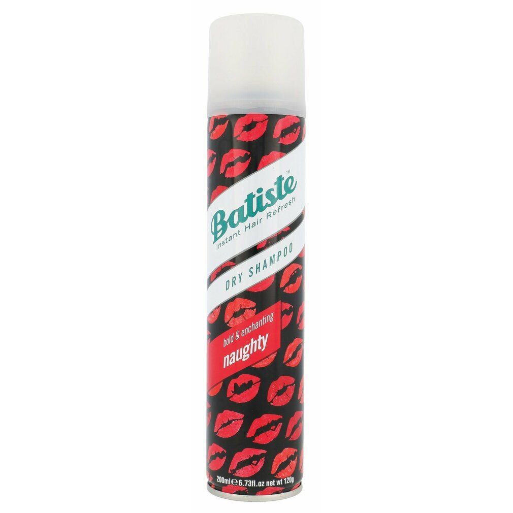 Spray shampoo secco Batiste. Motivi di labbra rosse su sfondo nero. Tappo bianco. Nome del prodotto e 'naughty' in rosso.