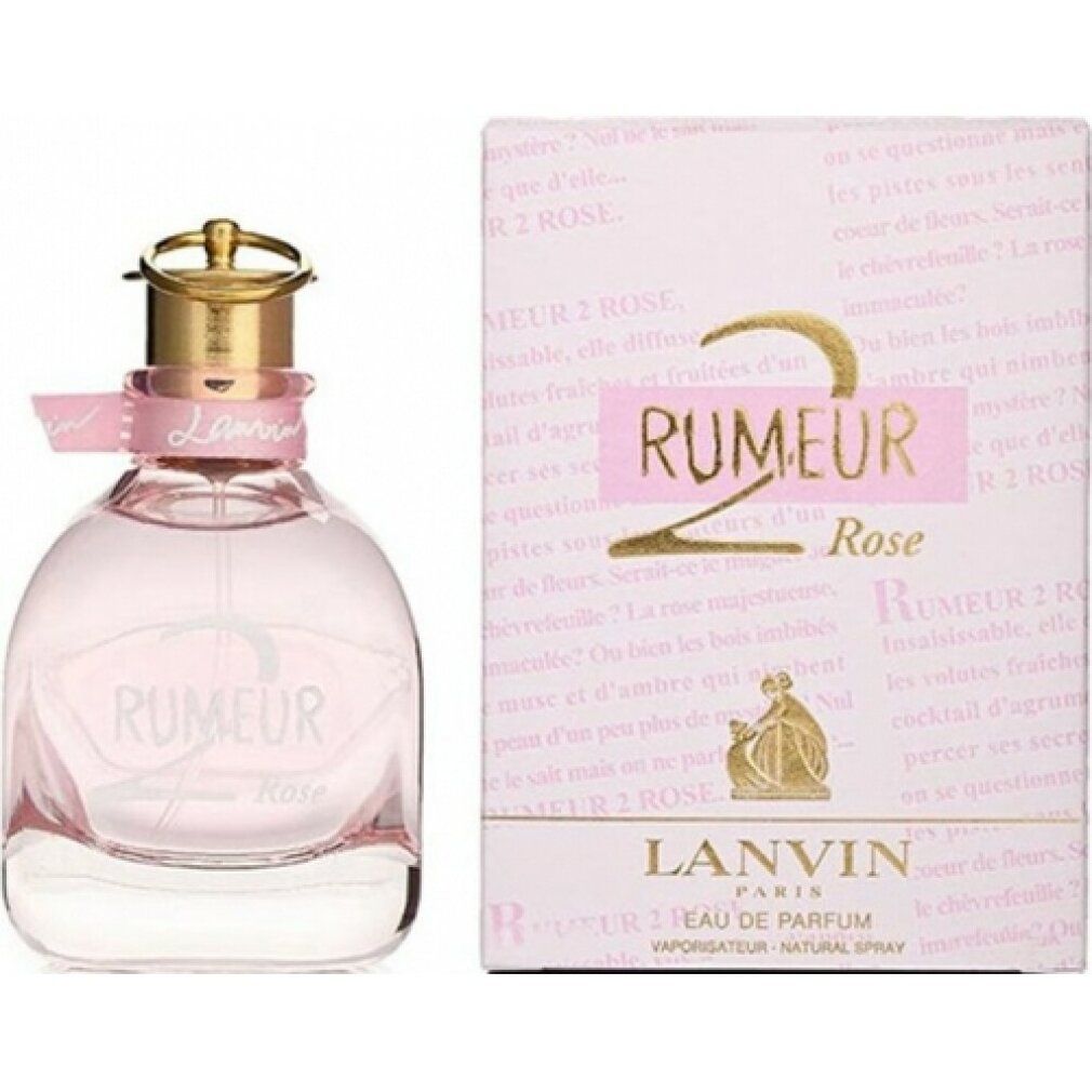 Flacone rosa e scatola. Scritta: Rumeur 2 Rose, Lanvin. Flacone con tappo dorato e fiocco rosa.