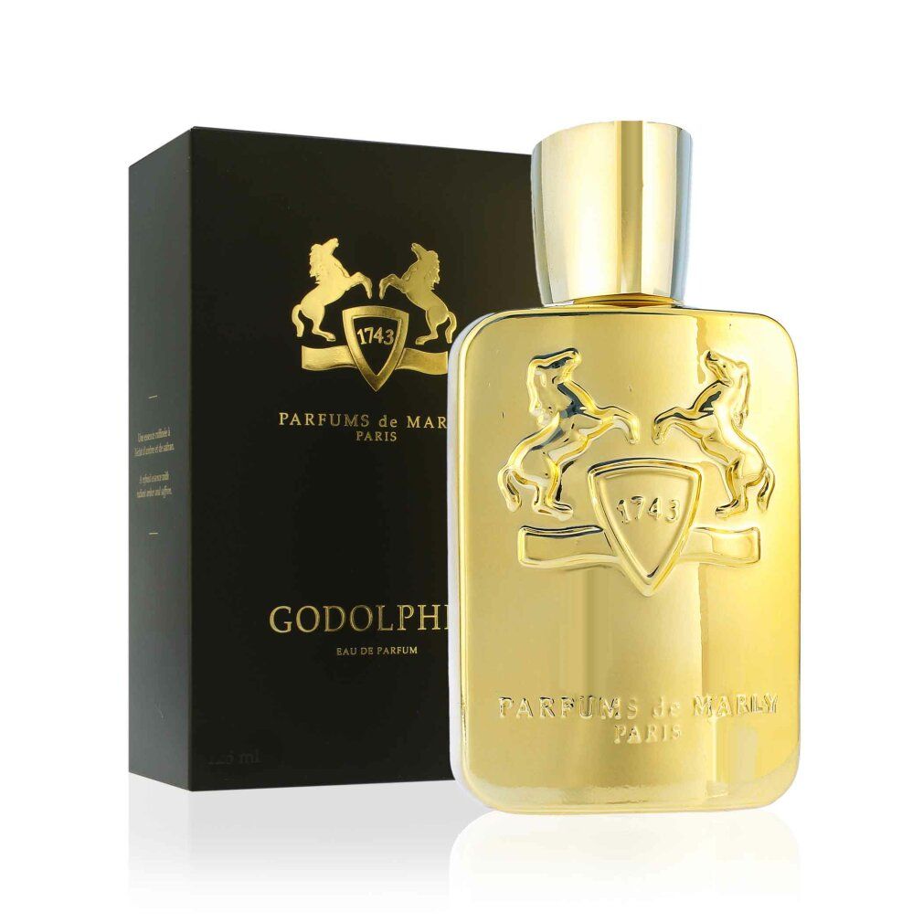 Flacone dorato e confezione nera. Godolphin Eau de Parfum. Marchio Parfums de Marly.