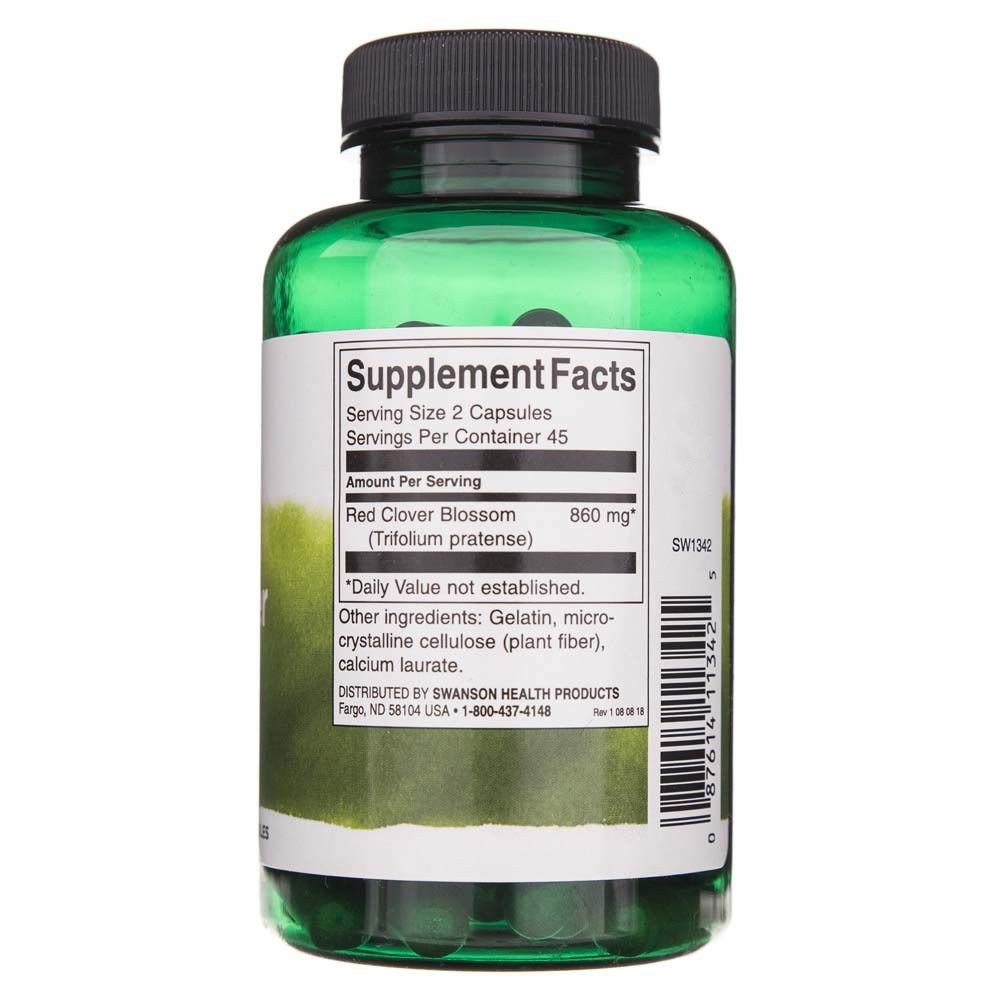 Flacone verde di capsule con etichetta "Supplement Facts" che indica estratto di trifoglio rosso (860 mg).