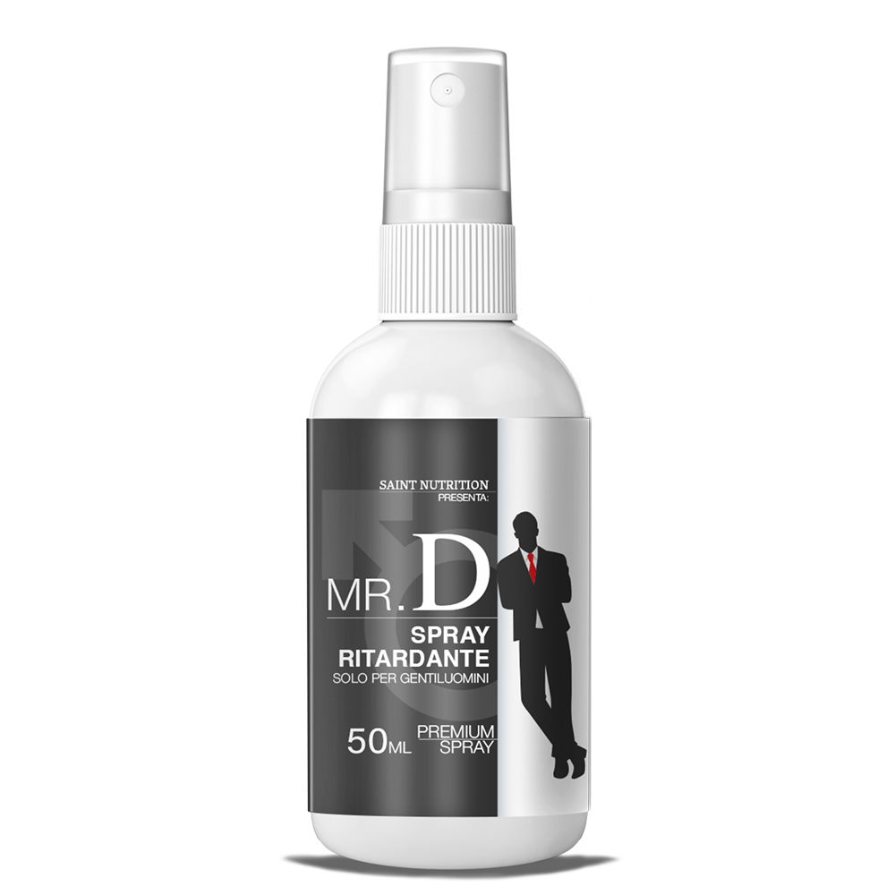 Flacone spray bianco con etichetta nera. Scritta: MR. D SPRAY RITARDANTE. Immagine di un uomo. 50 ml.