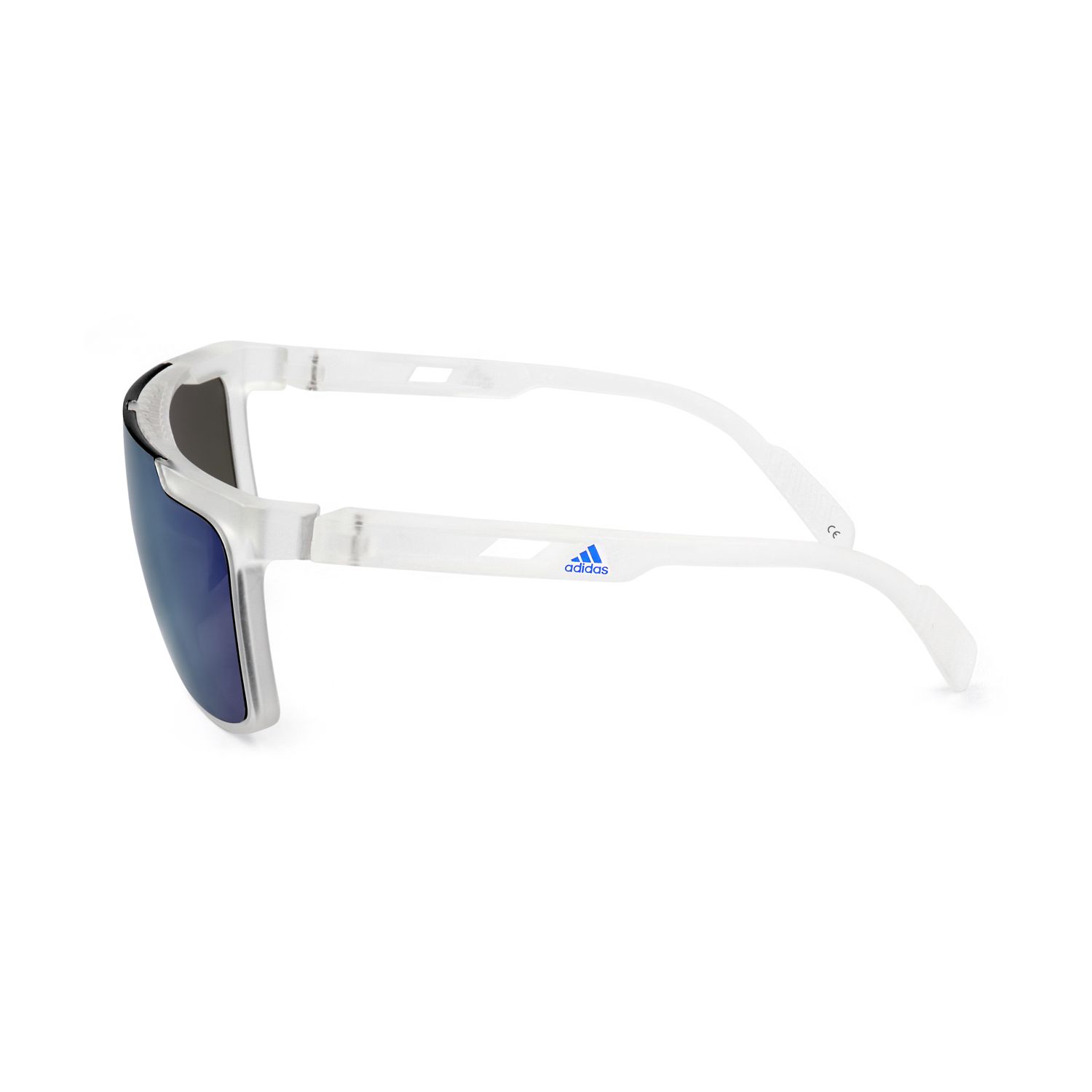 Occhiali da sole sportivi bianchi con lenti a specchio blu e logo Adidas.