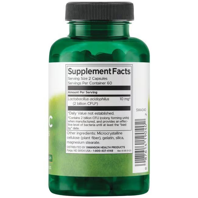 Flacone verde con etichetta bianca. Contiene capsule. Scritta: Swanson, Probiotico, 120 capsule.