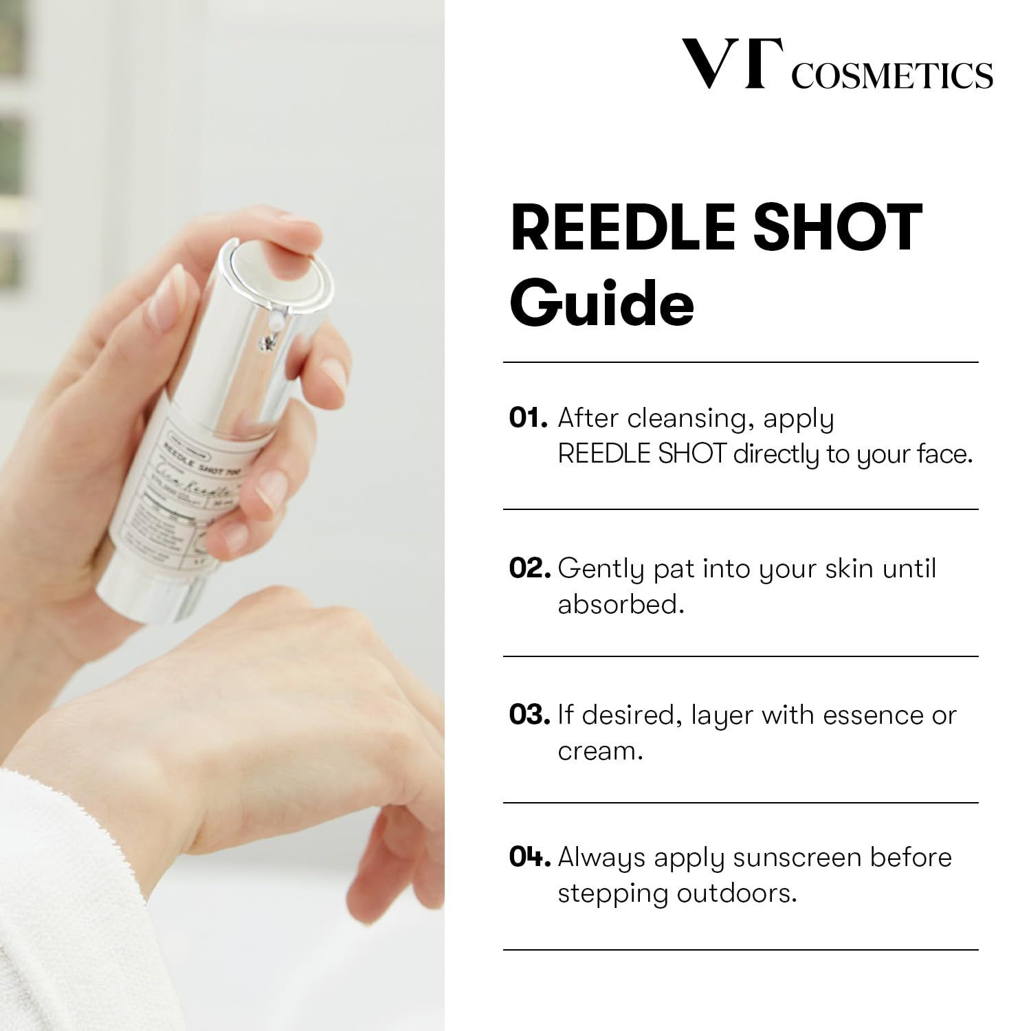 Mani che tengono un flacone argentato. Testo: REEDLE SHOT Guide. Istruzioni: applicare, picchiettare, combinare con crema, protezione solare.