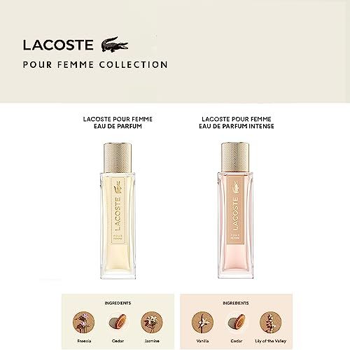 Due flaconi con etichette. Lacoste Pour Femme Eau de Parfum e Eau de Parfum Intense. Ingredienti illustrati.