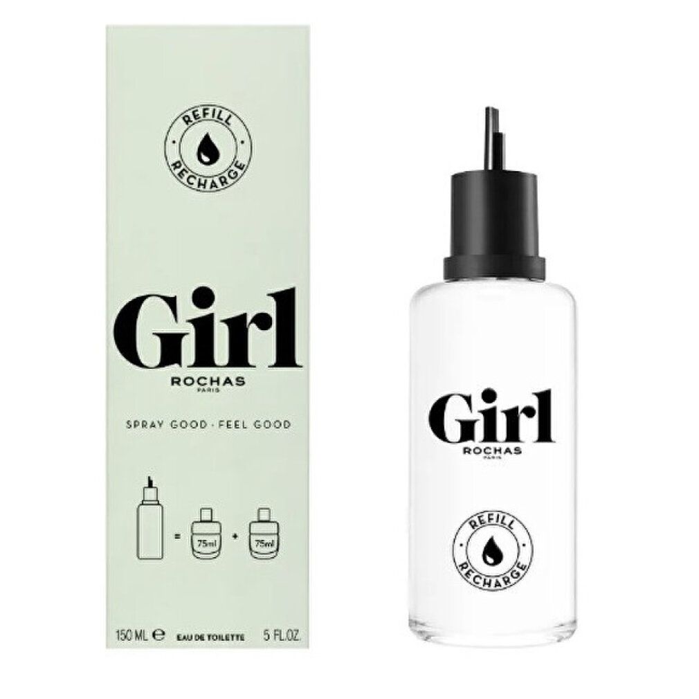 Confezione e flacone. Confezione: verde, testo "Girl", "ROCHAS PARIS", "REFILL RECHARGE". Flacone: trasparente, "Girl", "REFILL RECHARGE".
