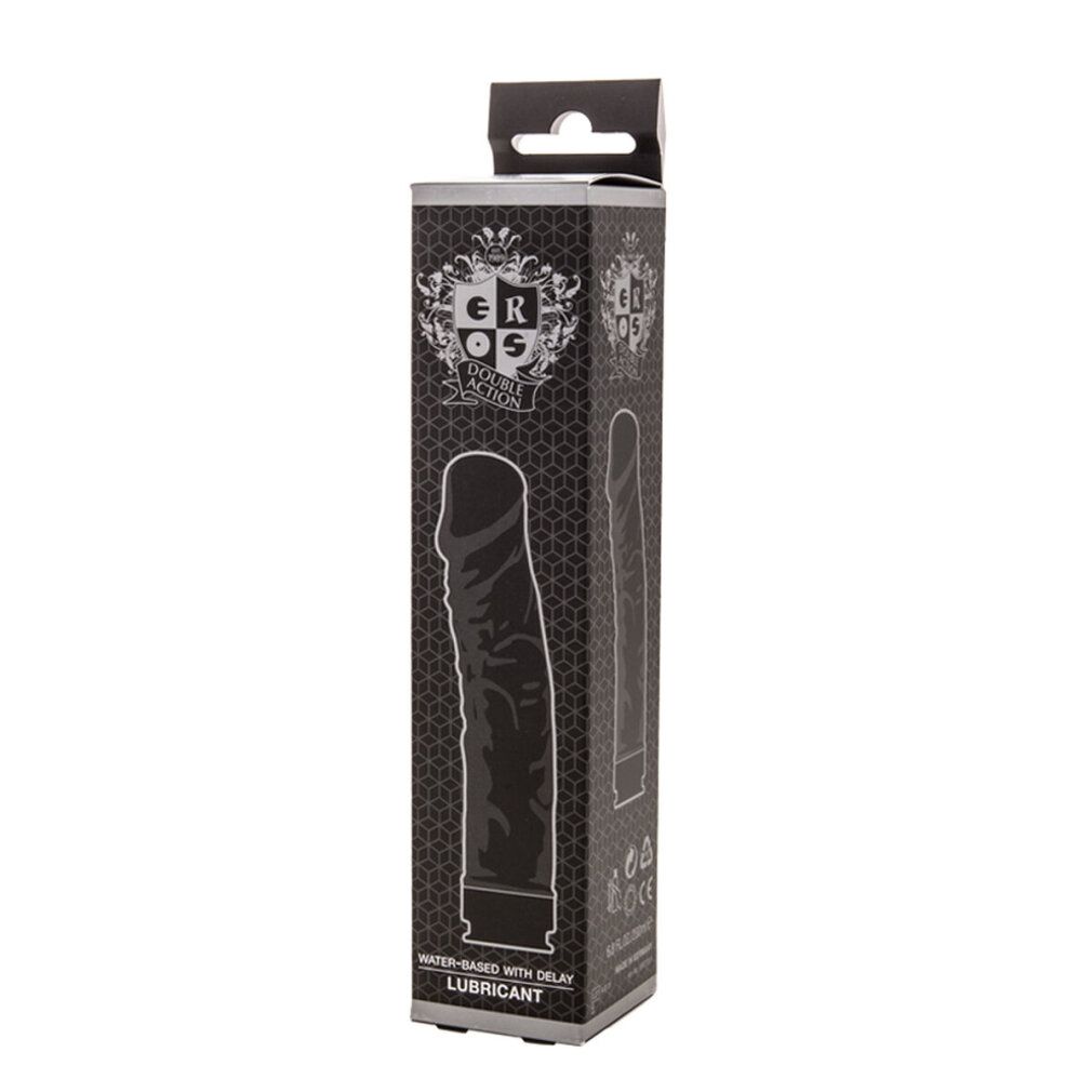 Confezione nera con immagine del prodotto. Testo: EROS, Water-Based with Delay Lubricant. Con gancio.