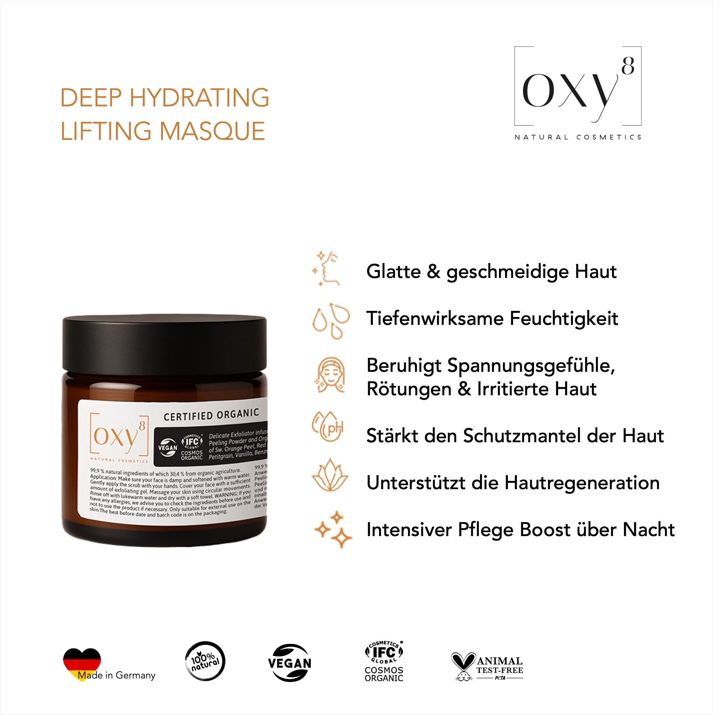 Vasetto marrone con coperchio nero. Scritta: oxy8, DEEP HYDRATING LIFTING MASQUE. Sigillo biologico certificato. Testo con i benefici del prodotto.