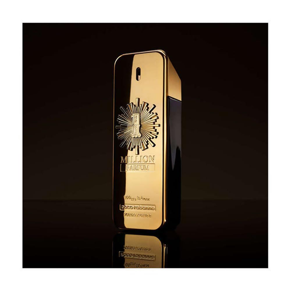 Flacone dorato. Scritta "1 Million Parfum". Sfondo nero.
