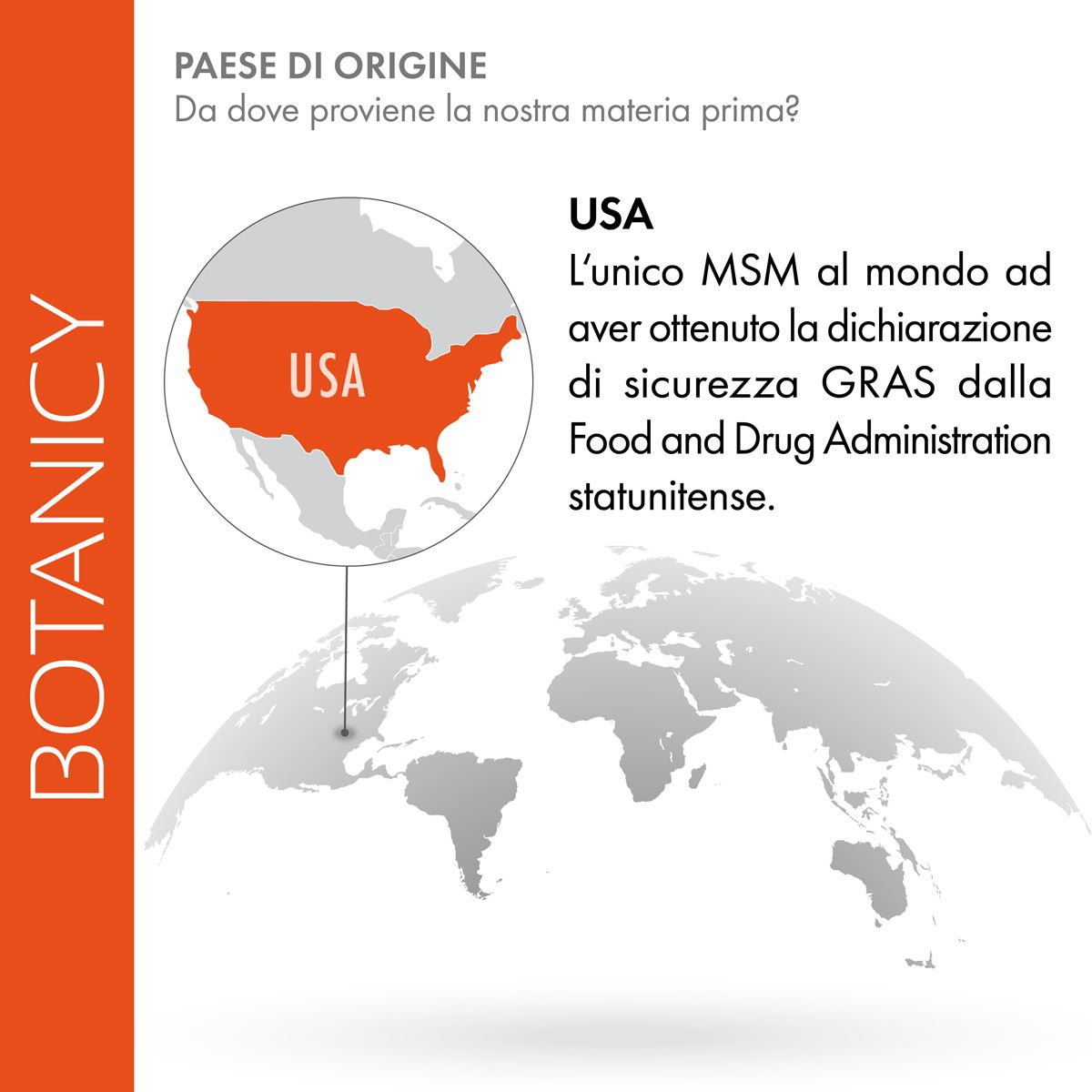 Mappa degli Stati Uniti. Testo: USA. Produzione MSM. Certificazione FDA.