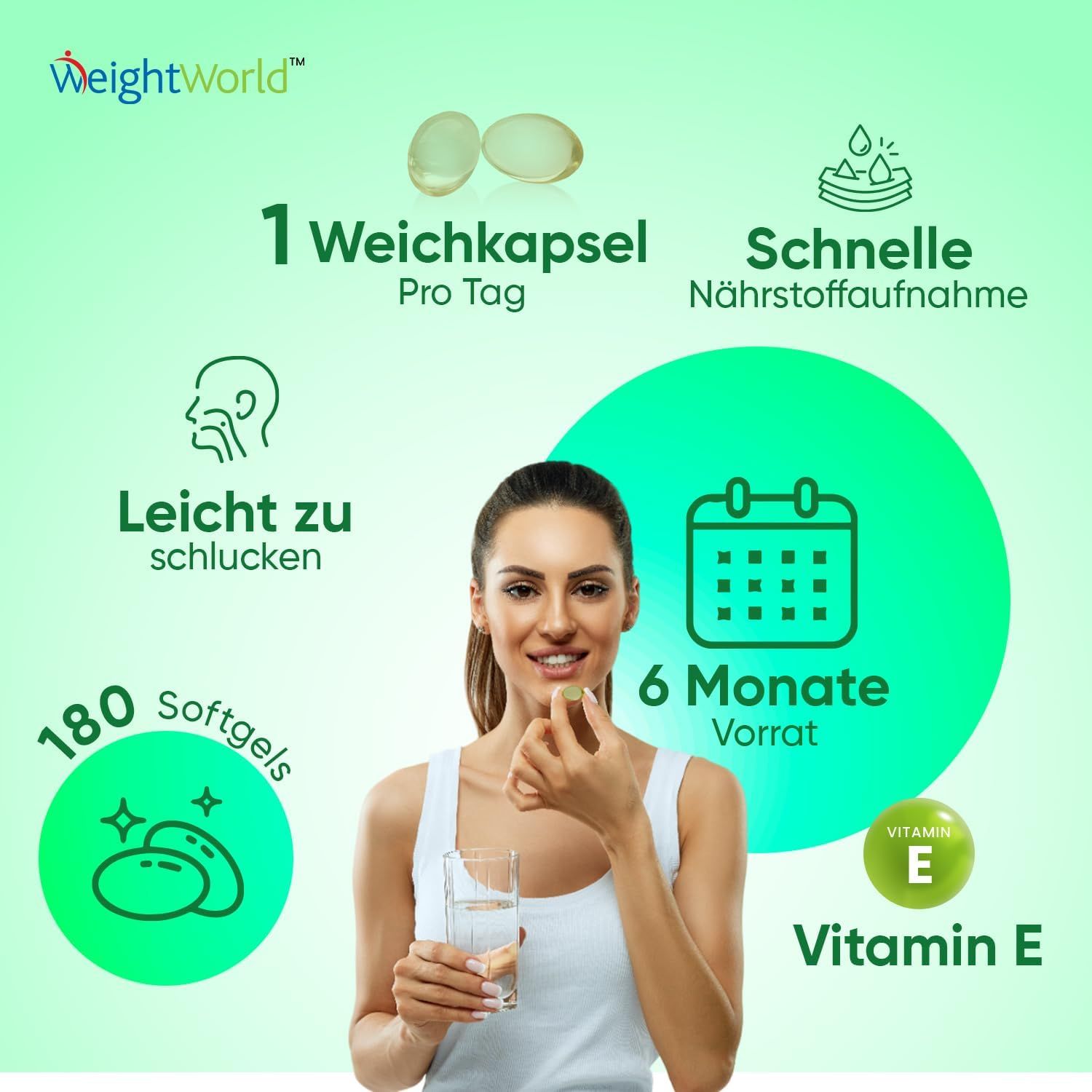 Donna che assume una capsula di vitamina E. Testo: 1 capsula al giorno, 180 capsule, 6 mesi di scorta, rapido assorbimento dei nutrienti. WeightWorld.