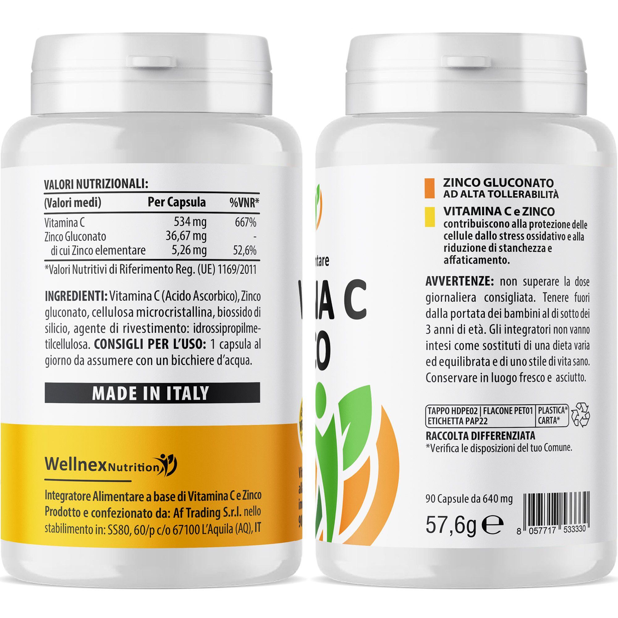 Wellnex Nutrition Vitamina C + Zinco - Supporto Sistema Immunitario - 90 Capsule Vegetali