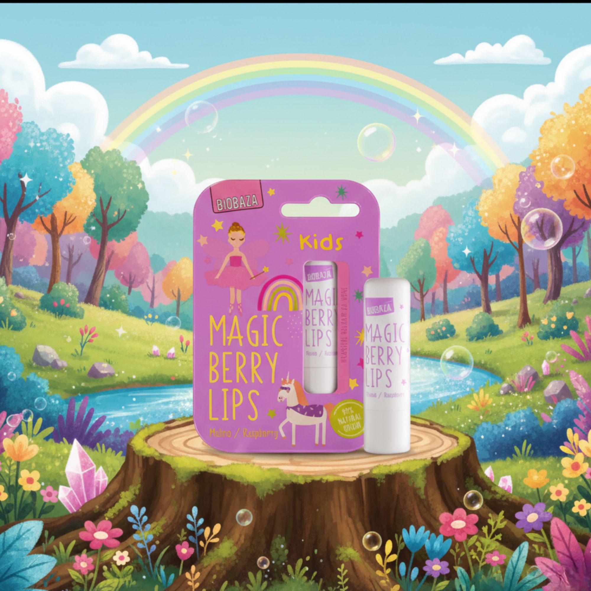 Confezione con due balsami per labbra. Scritta: Magic Berry Lips. Illustrazione: unicorno, arcobaleno, fata. Sfondo: paesaggio con arcobaleno.