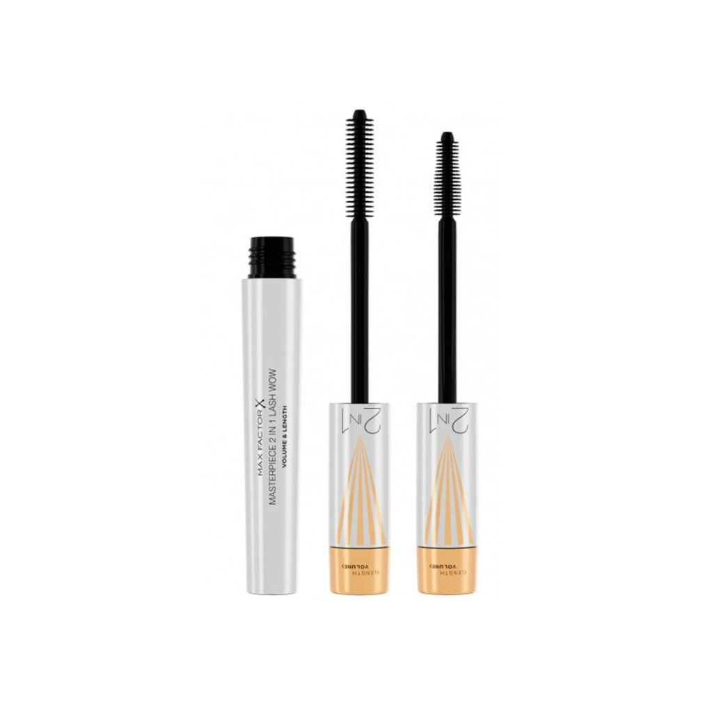 Tubo mascara bianco e due applicatori. Sul tubo, scritta "Max Factor Masterpiece 2 in 1 Lash WOW".