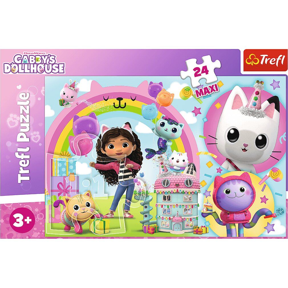 Puzzle con Gabby e personaggi di gatti davanti a un arcobaleno. Marchio Trefl. 24 pezzi Maxi. Età consigliata: 3+