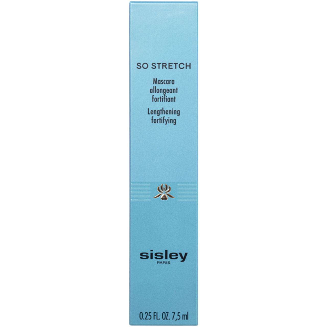 Confezione azzurra. Testo: SO STRETCH, Mascara, Lengthening fortifying, Sisley Paris, 0.25 FL OZ 7,5 ml.