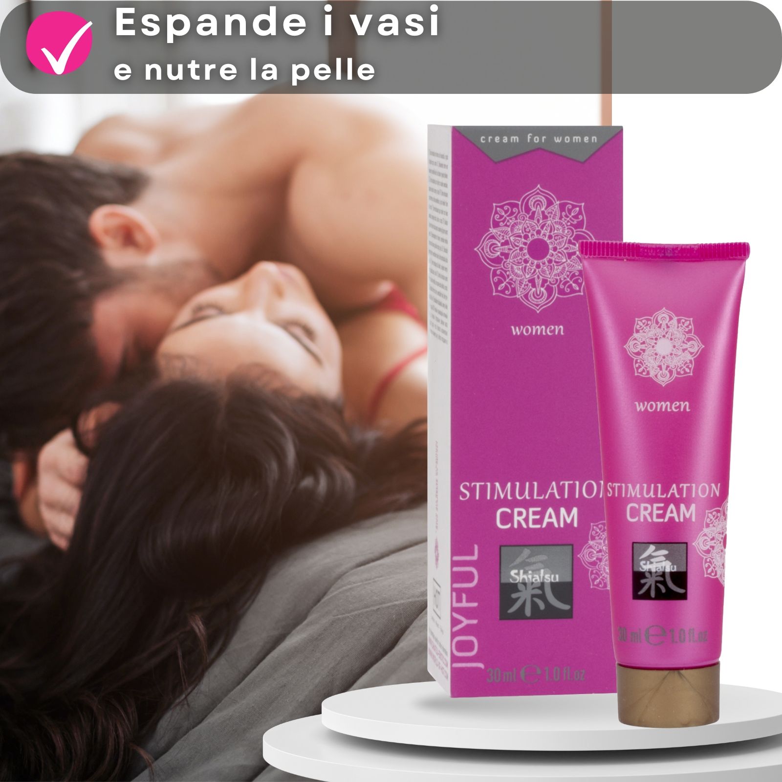 Tubo e scatola rosa. Scritto: Stimulation Cream, Shiatsu, Joyful. Testo e coppia a letto.