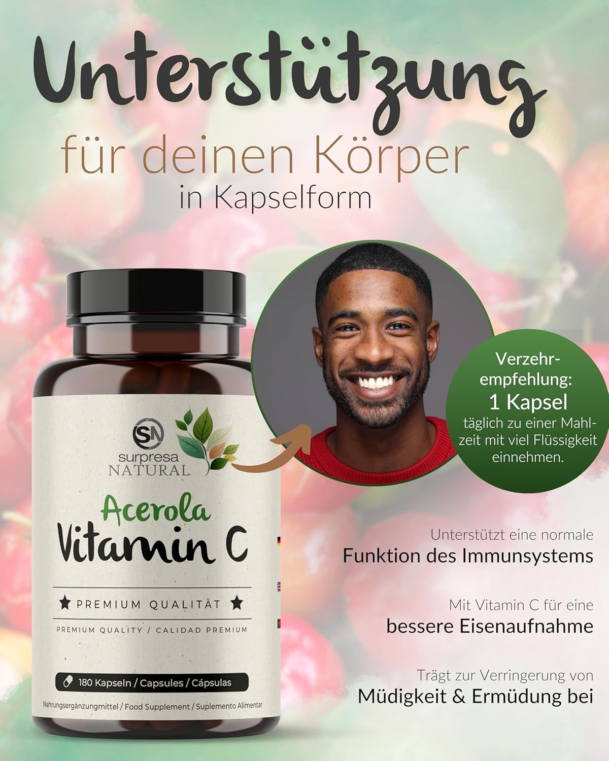 Uomo con flacone Acerola Vitamina C. Testo: Supporto per il tuo corpo in capsule. Raccomandazioni.