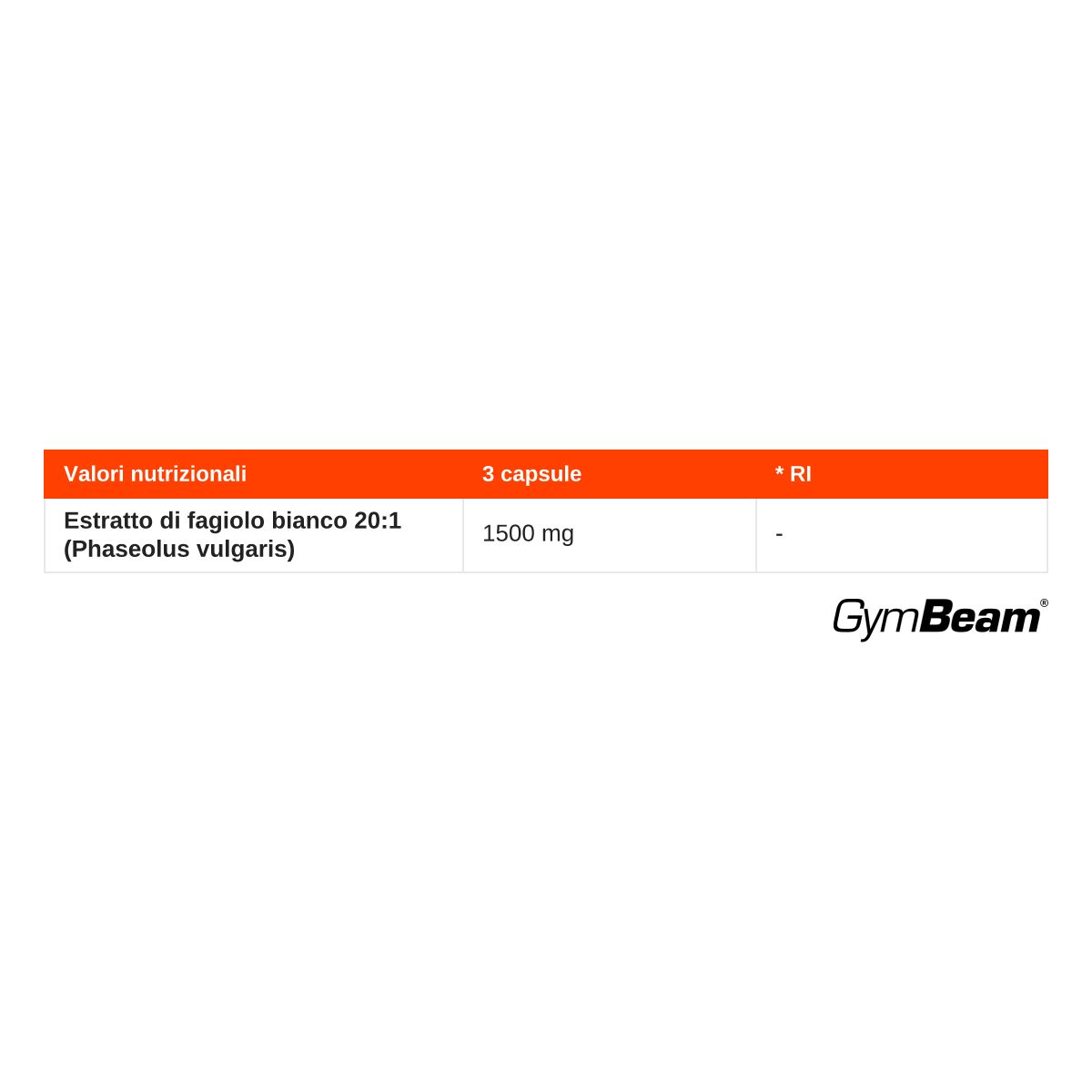 Informazioni nutrizionali per l'estratto di fagiolo bianco GymBeam: 1500 mg per 3 capsule.