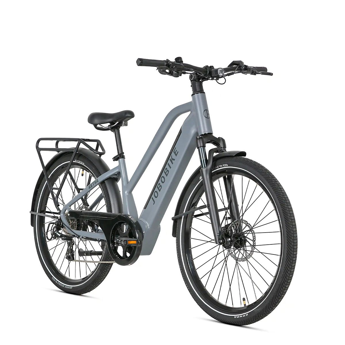 E-bike JOBOBIKE Astra grigia. Pneumatici neri, parafanghi e portapacchi. Logo JOBOBIKE sul telaio.