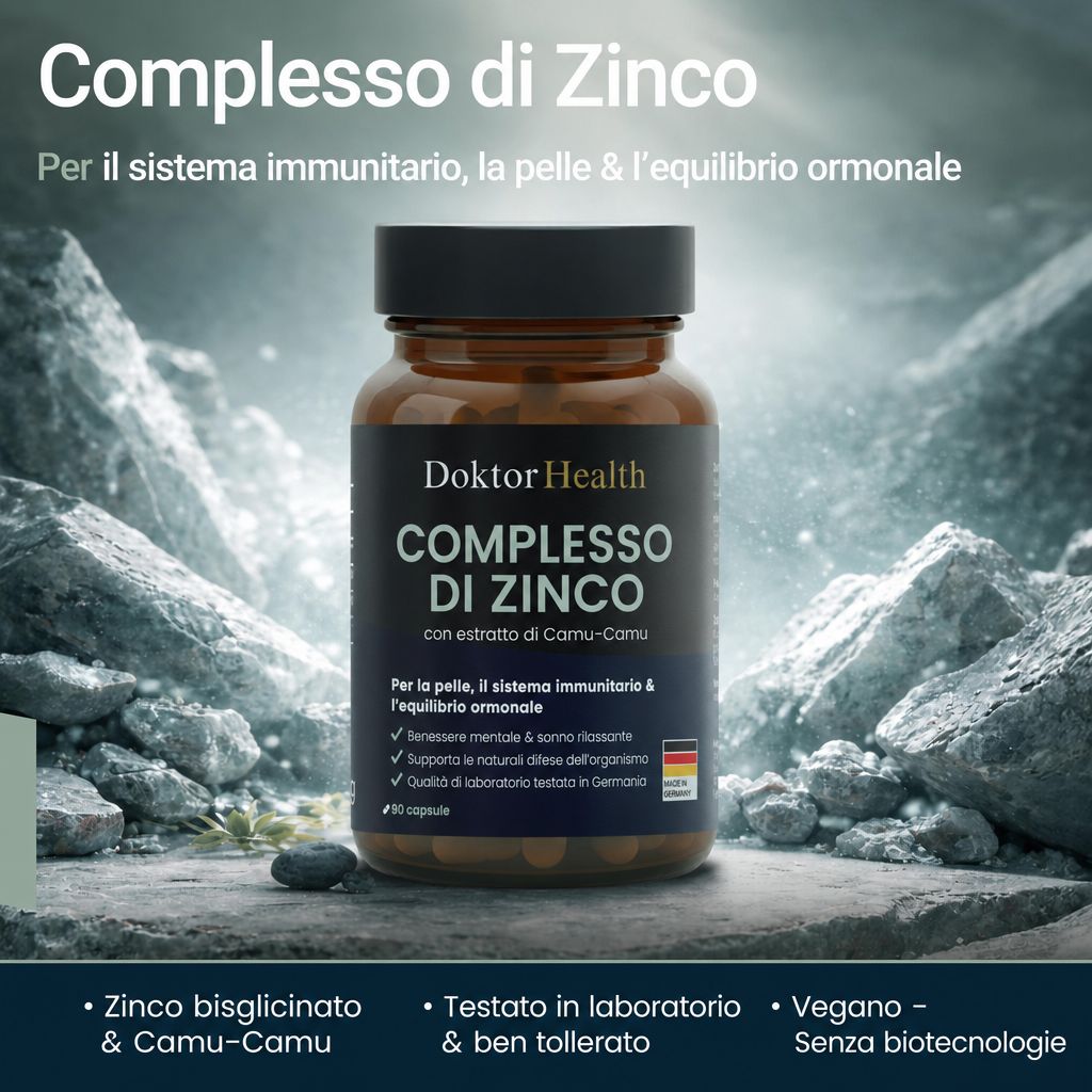 Doktor Health Zink Komplex Capsule in paesaggio roccioso. Etichetta italiana: Complesso di Zinco.