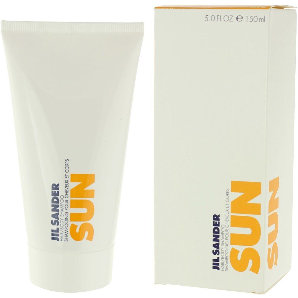 Tubo e scatola bianchi. Scritta SUN arancione. Logo Jil Sander e testo. Shampoo per capelli e corpo.