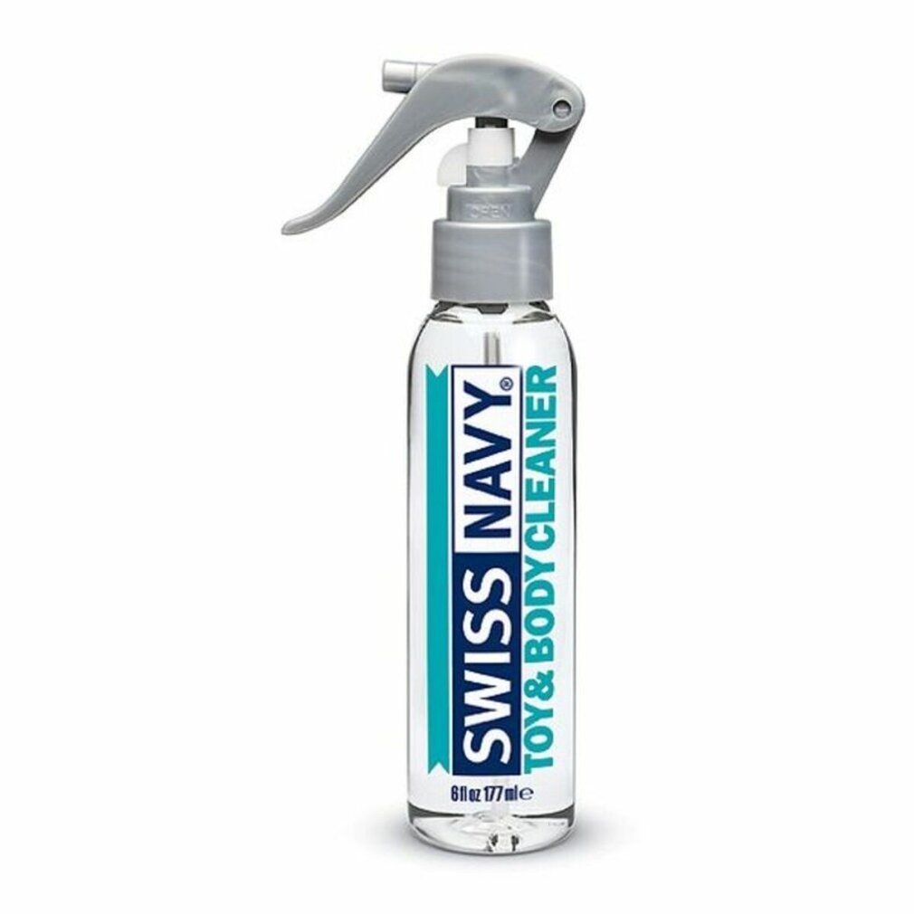 Flacone spray trasparente con erogatore grigio. Scritta: SWISS NAVY TOY & BODY CLEANER. Flacone con scritte blu e bianche.