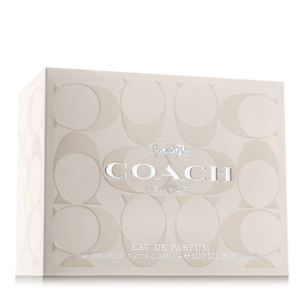 Confezione per Eau de Parfum. Scatola rettangolare con motivo logo. Marchio: Coach New York. Testo: Eau de Parfum.