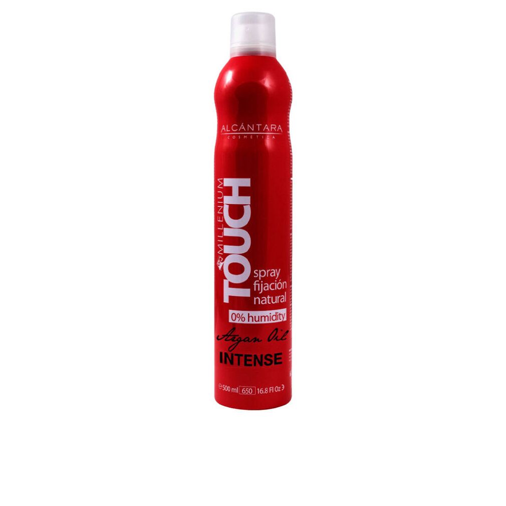 Flacone spray rosso con tappo bianco. Scritte: TOUCH, spray fijacion natural, 0% humidity, Argan Oil, INTENSE. Marchio ALCANTARA.