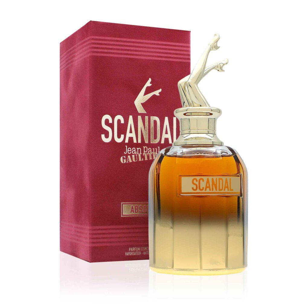 Flacone di profumo con gambe dorate come tappo. Scatola rossa con scritta dorata "SCANDAL" e "Jean Paul Gaultier".