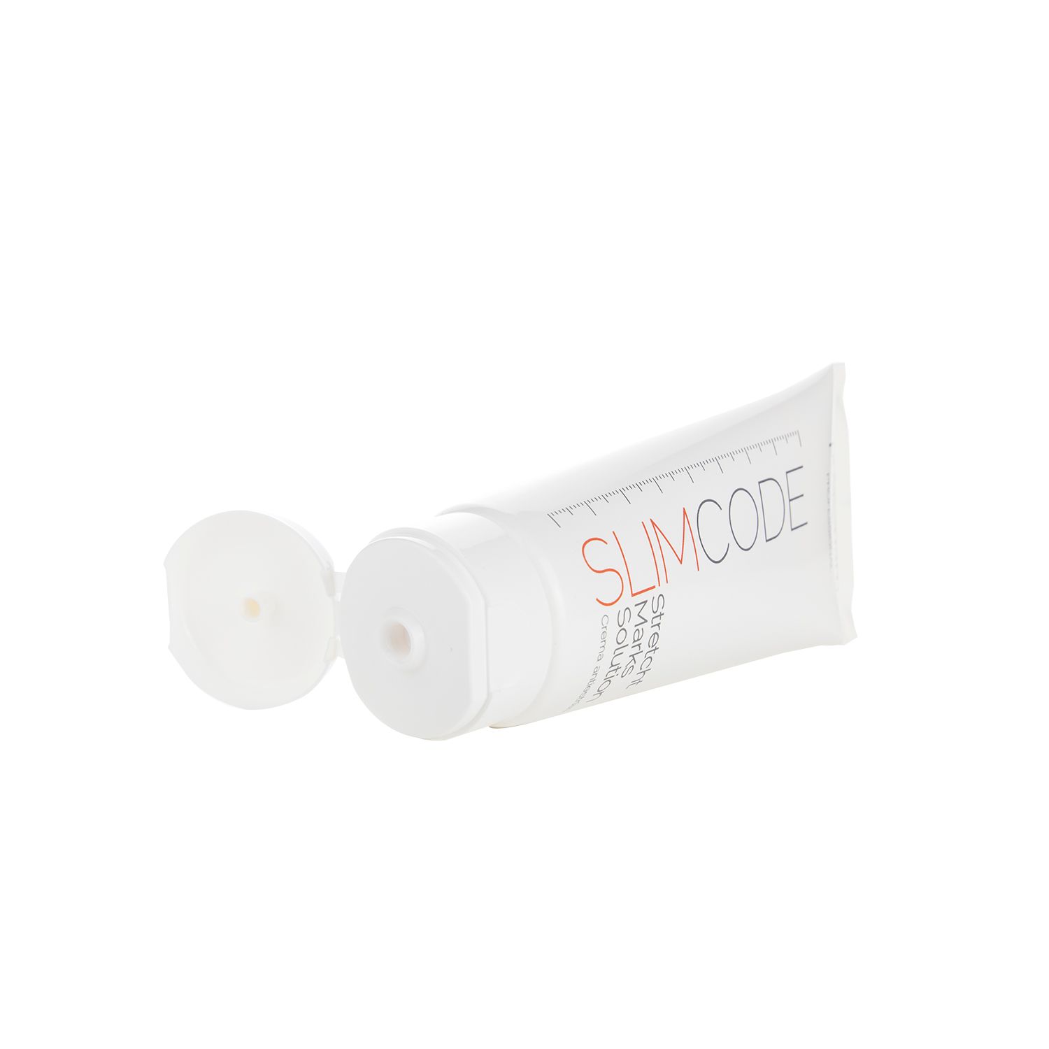Tubo bianco con scritta rossa SLIMCODE e Stretch Marks Solution. Tappo aperto. Marchio Postquam.