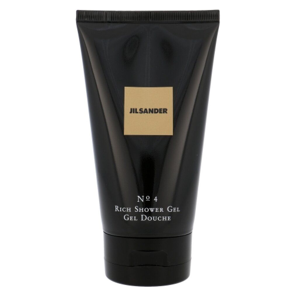 Tubo nero con etichetta dorata. Scritta: Jil Sander No.4 Rich Shower Gel.