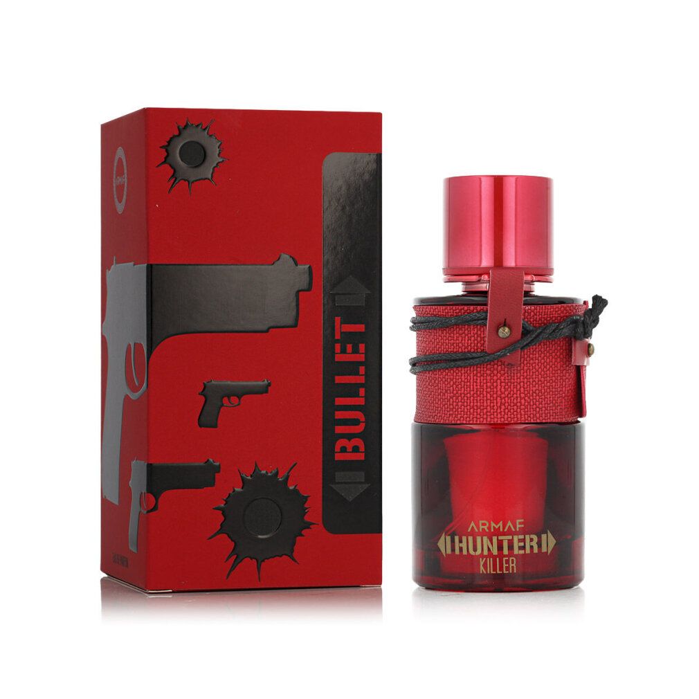Flacone rosso con tappo rosso e cinturino in pelle. Confezione rossa con "BULLET" e illustrazioni di pistole.