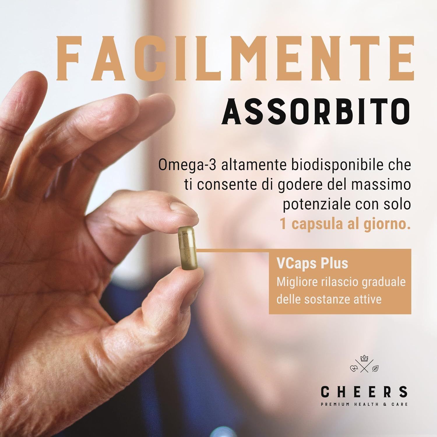 Mano che tiene una capsula. Testo: Facilmente assorbito. Omega-3 con 1 capsula al giorno. VCaps Plus.