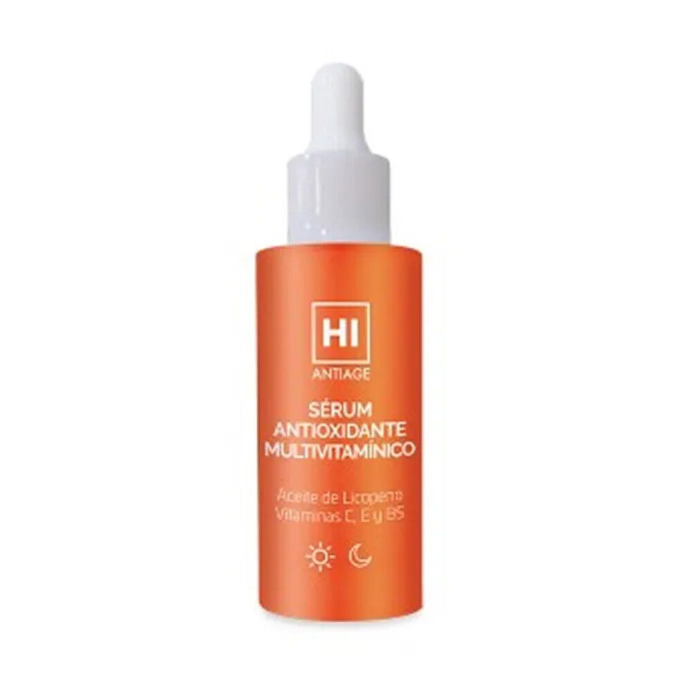 Flacone arancione con contagocce bianco. Scritta: HI ANTIAGE, Sérum Antioxidante Multivitaminico.
