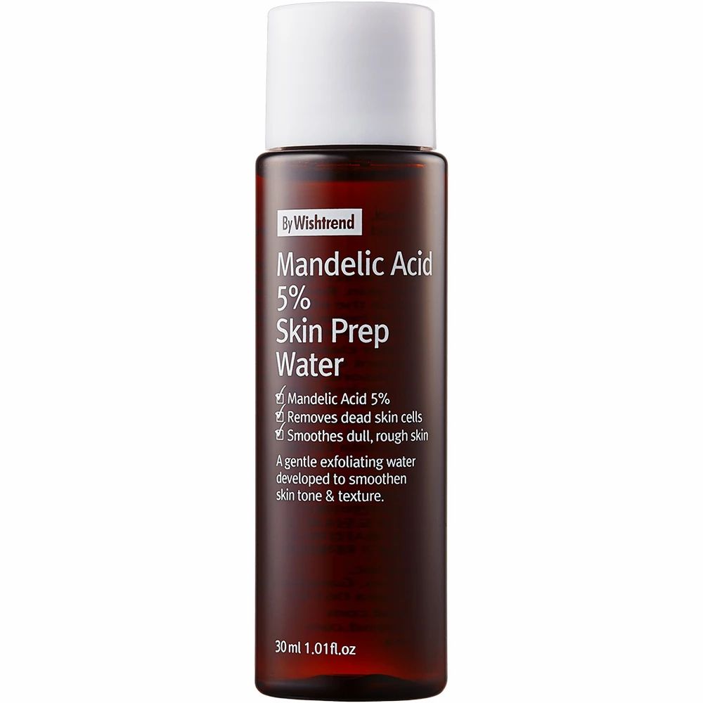 Flacone marrone con tappo bianco. Scritta: By Wishtrend Mandelic Acid 5% Skin Prep Water. Testo e simboli.