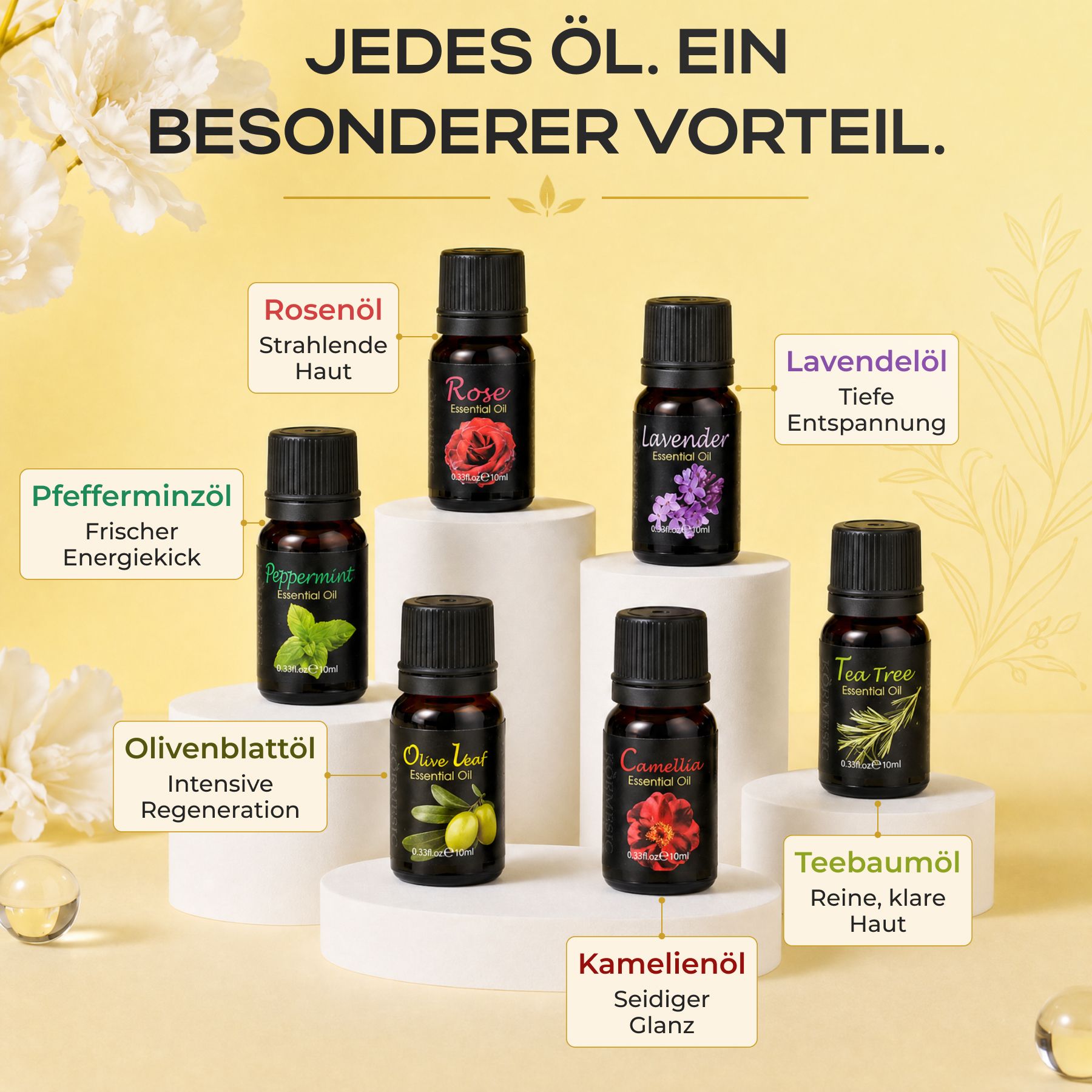 Flacone in vetro scuro con etichetta di olio di rosa e una rosa rossa.