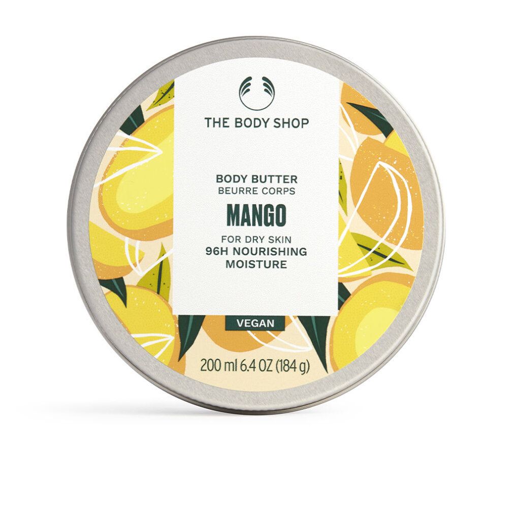 Barattolo rotondo con design mango. Scritta: Body Butter Mango, per pelle secca, idratazione 96h. Vegano. 200 ml.