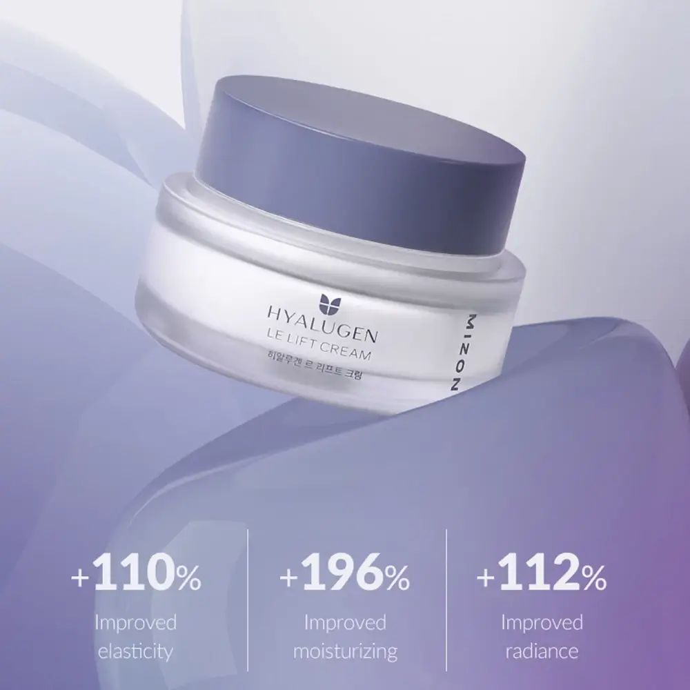 Vasetto di crema con coperchio. Testo: HYALUGEN LE LIFT CREAM e MIZON. Grafici con percentuali.