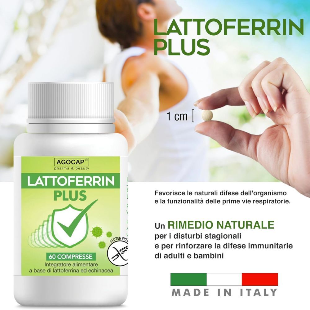 Flacone di compresse con scritta verde Lattoferrin Plus. 60 compresse. Una compressa tenuta in mano.